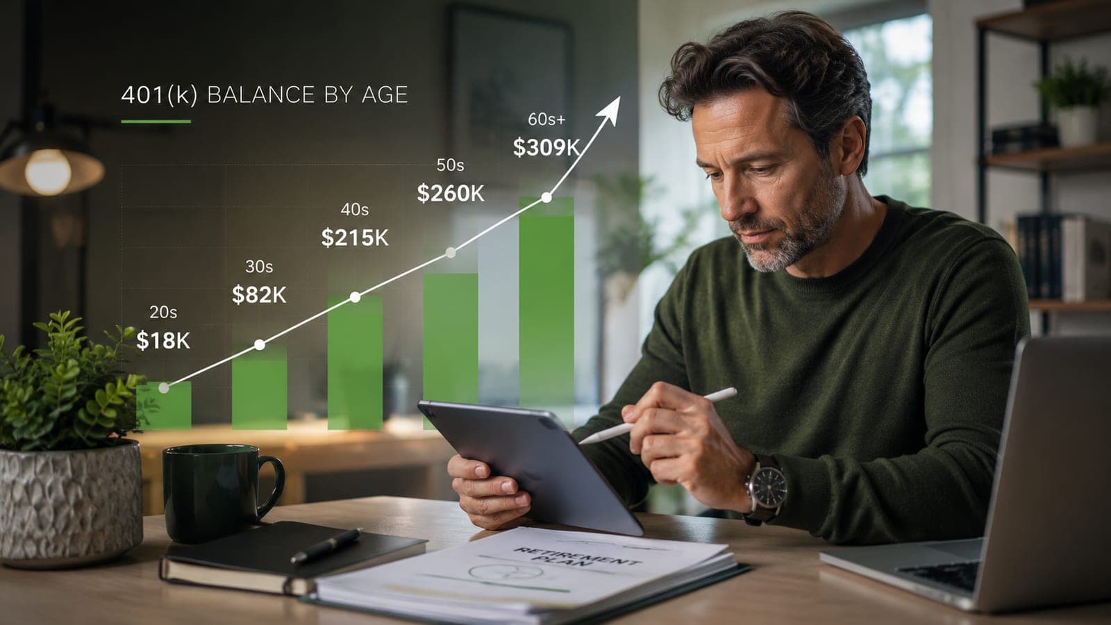 Person reviewing a 401(k) balance chart by age while planning retirement.