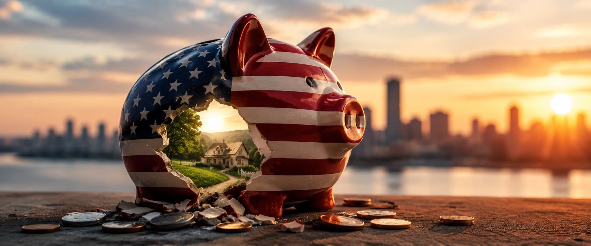 American flag piggy bank and retirement savings imagery representing 401(k) contribution rates.