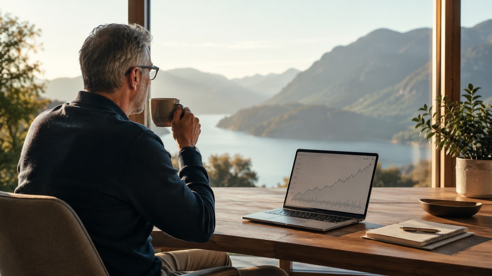 A retiree reviewing an investment chart while looking over mountains.