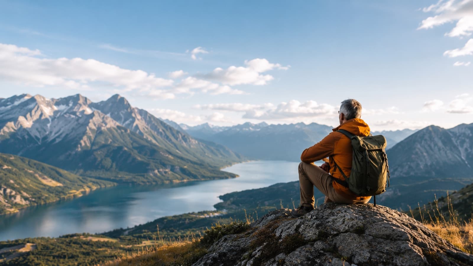 A person looking over mountains and a lake while planning retirement.