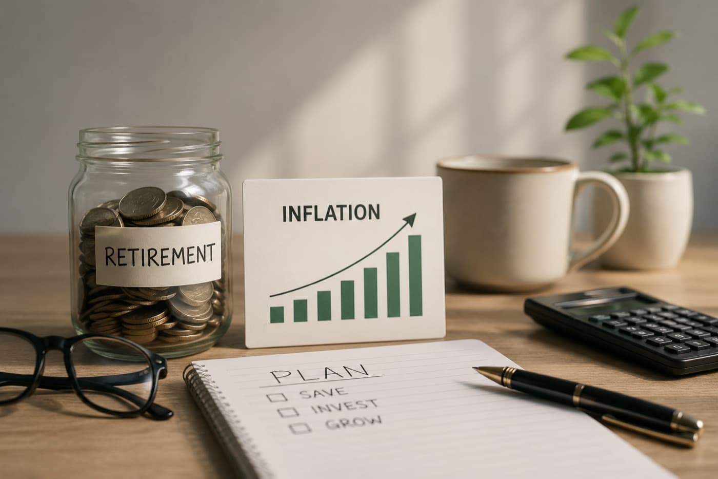 Retirement savings jar and inflation chart on a desk.